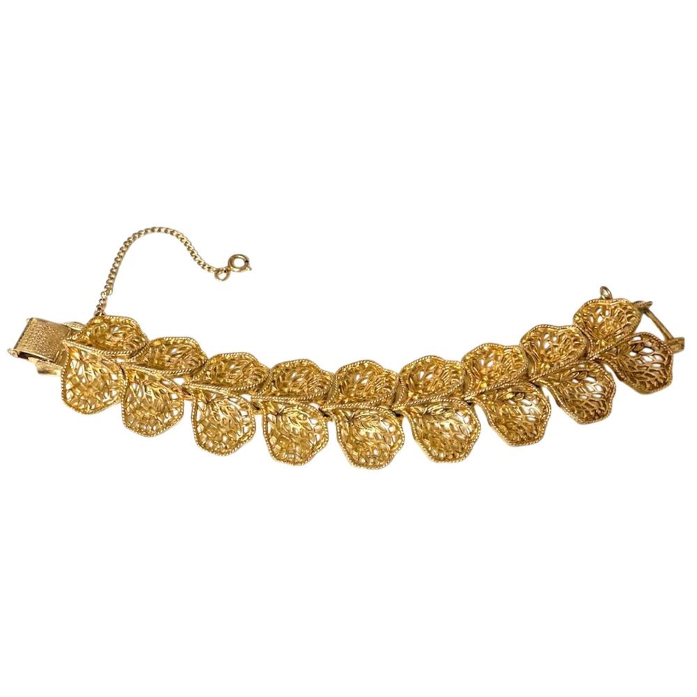 Vintage 1950s Coro Gold Plated Filigree Leaf Link Statement Bracelet